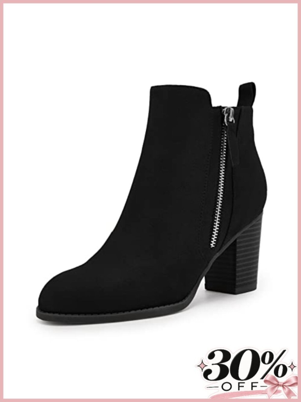 Faux Leather Suede Ankle Boots Chunky Block Heel Pointed Toe Zip Booties